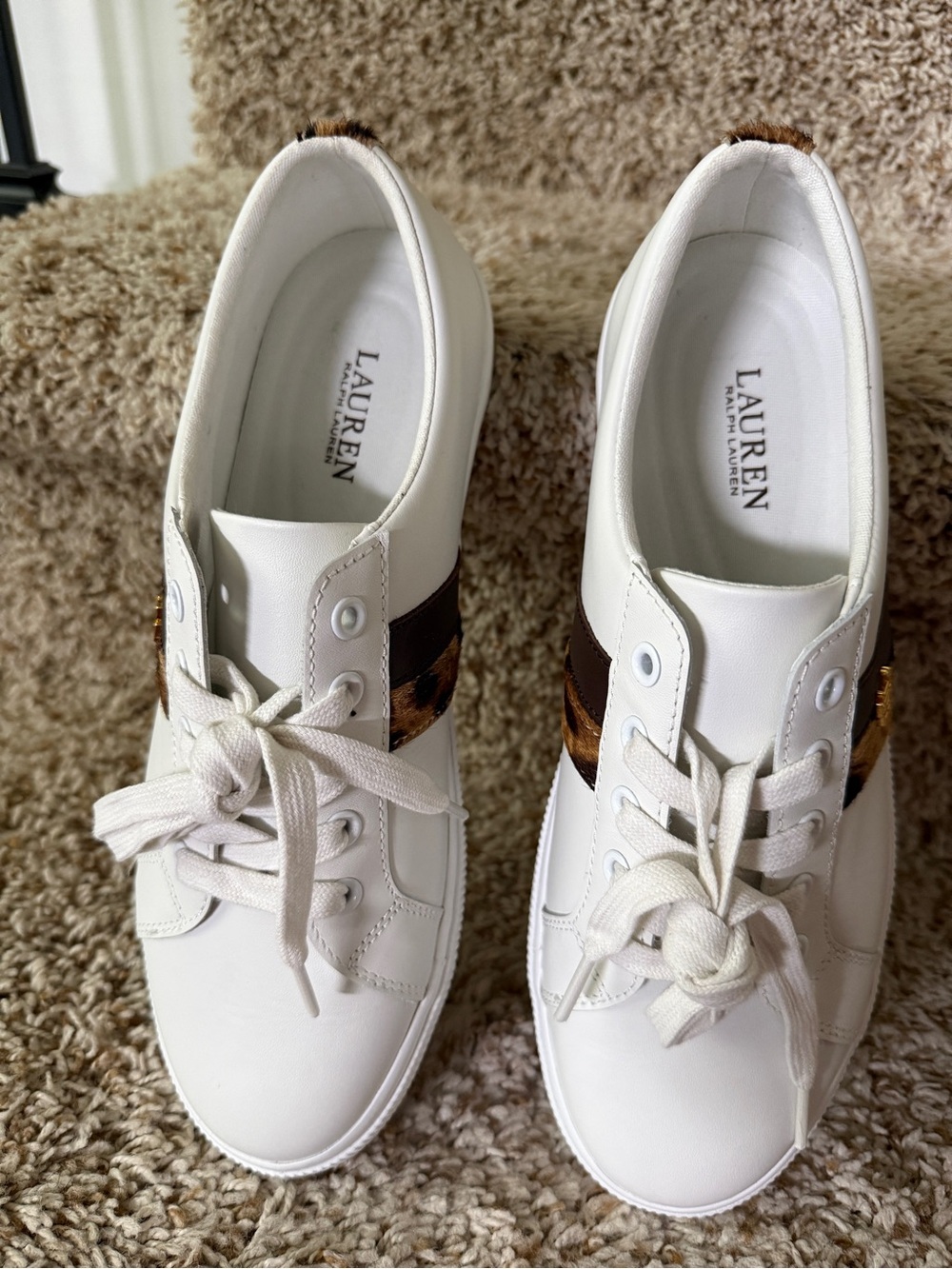 Lauren Ralph Lauren White Leather Sneakers w/Leopard Stripe - New W/O  Box